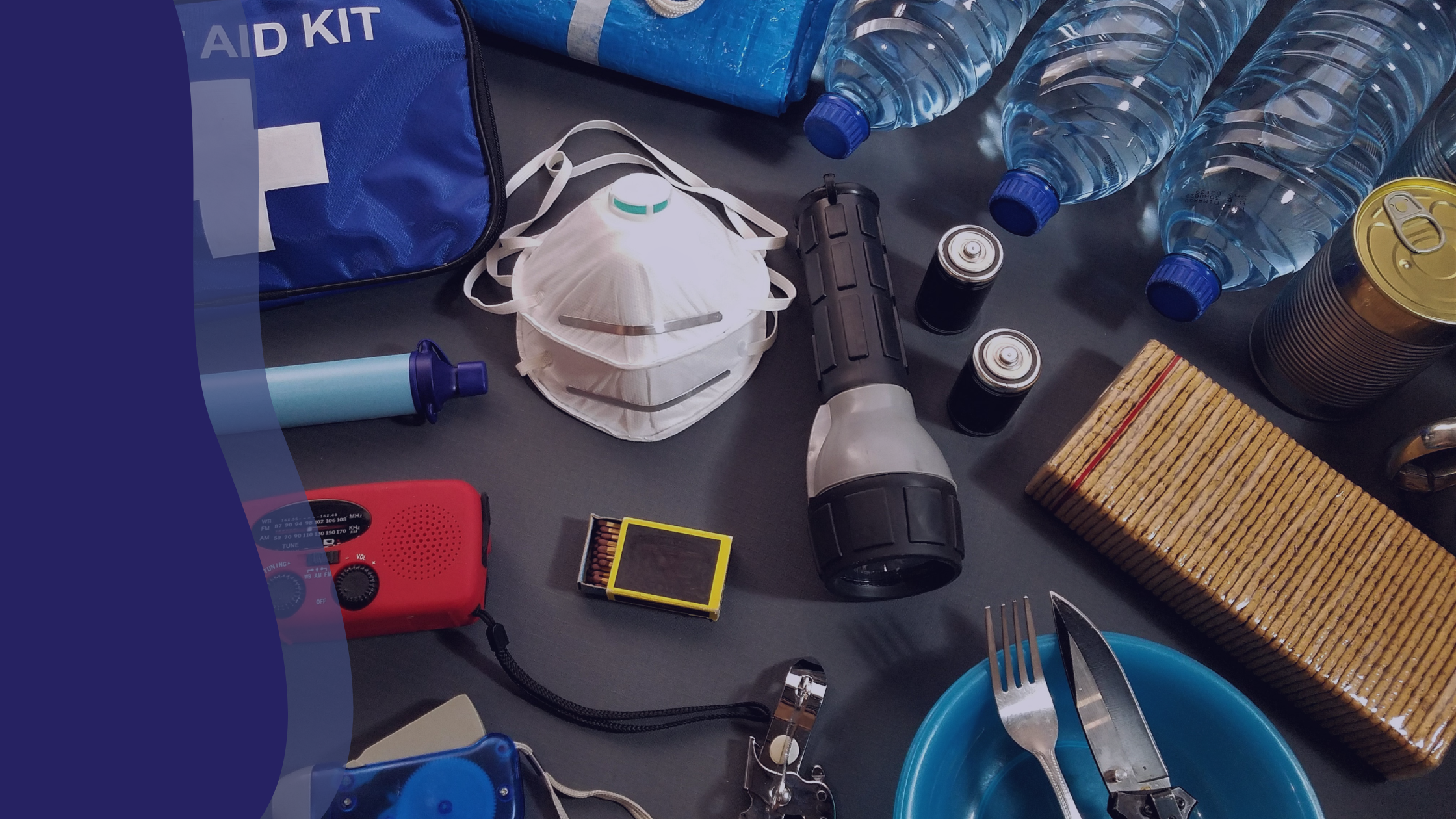 various medical and emergency equipment on a desk